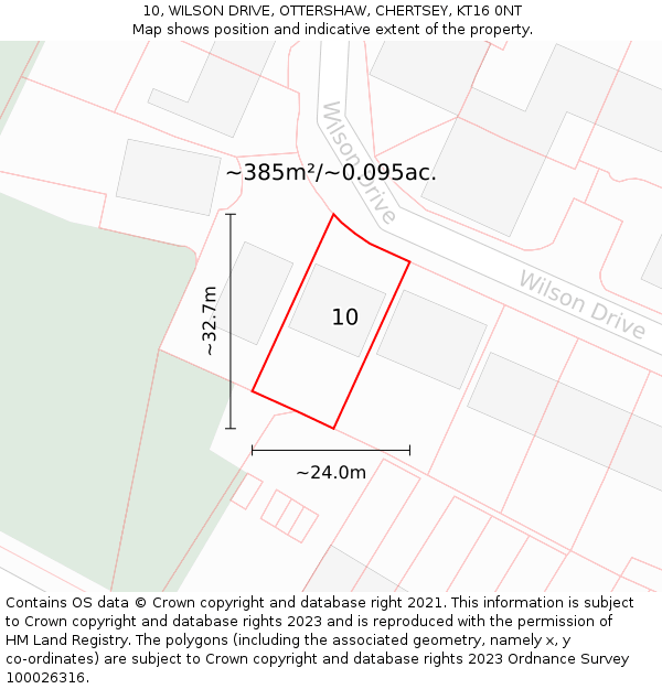 10, WILSON DRIVE, OTTERSHAW, CHERTSEY, KT16 0NT: Plot and title map