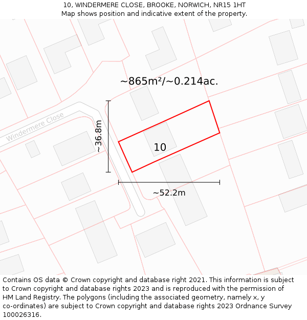 10, WINDERMERE CLOSE, BROOKE, NORWICH, NR15 1HT: Plot and title map