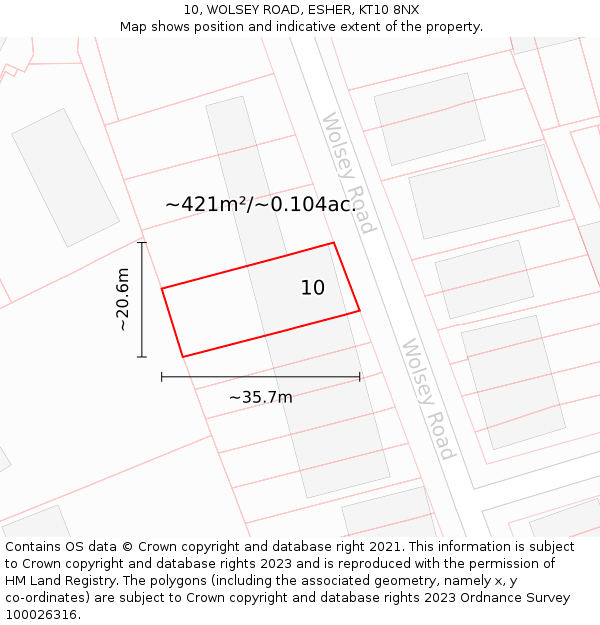 10, WOLSEY ROAD, ESHER, KT10 8NX: Plot and title map