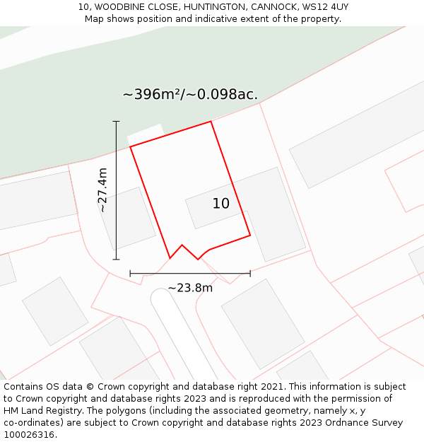 10, WOODBINE CLOSE, HUNTINGTON, CANNOCK, WS12 4UY: Plot and title map