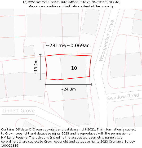 10, WOODPECKER DRIVE, PACKMOOR, STOKE-ON-TRENT, ST7 4GJ: Plot and title map