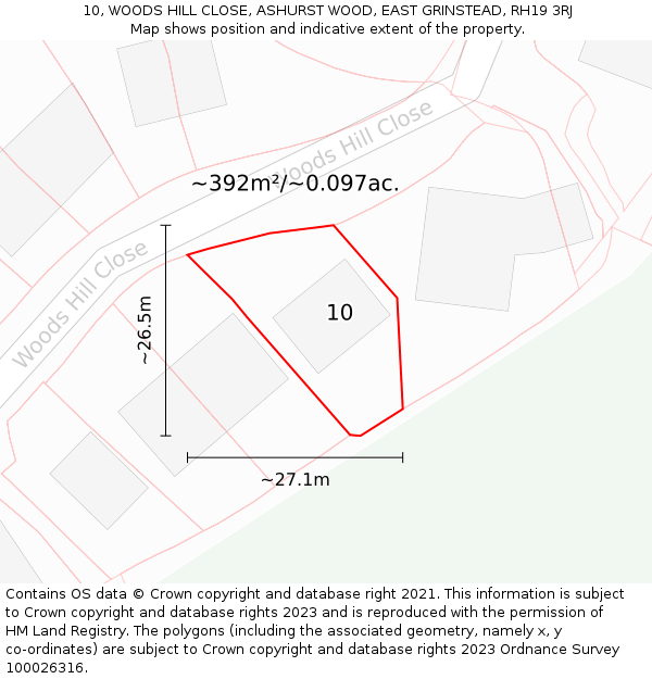 10, WOODS HILL CLOSE, ASHURST WOOD, EAST GRINSTEAD, RH19 3RJ: Plot and title map