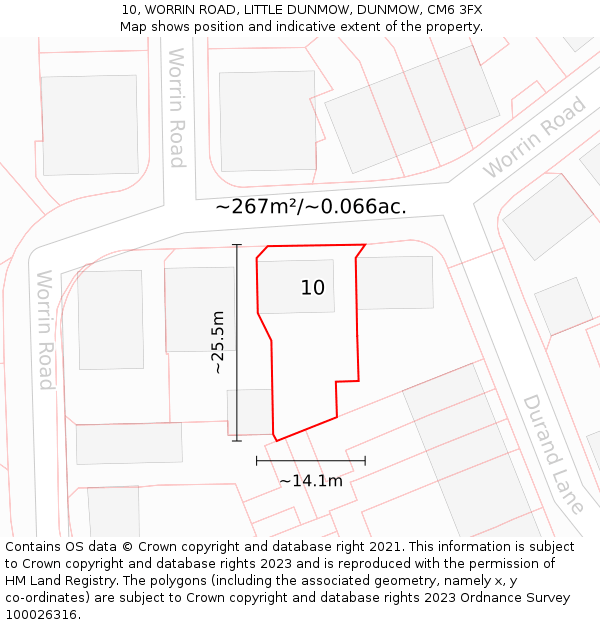 10, WORRIN ROAD, LITTLE DUNMOW, DUNMOW, CM6 3FX: Plot and title map