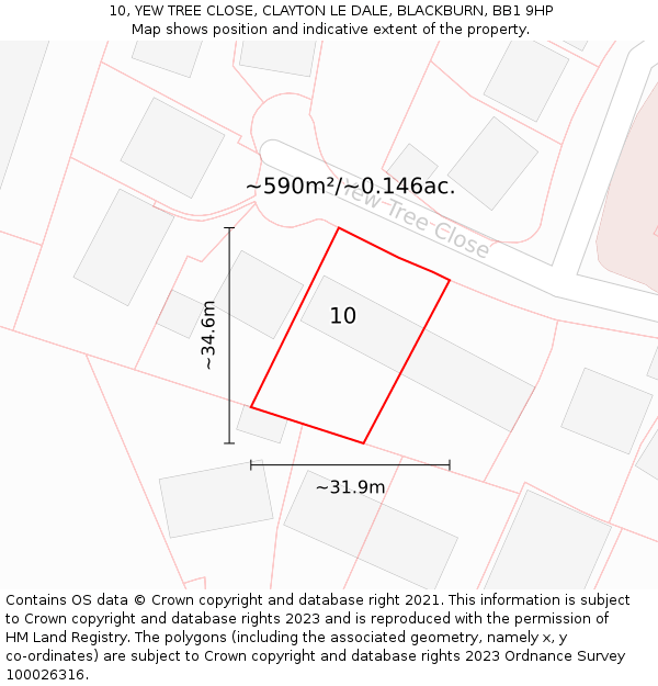 10, YEW TREE CLOSE, CLAYTON LE DALE, BLACKBURN, BB1 9HP: Plot and title map