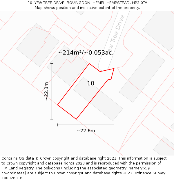 10, YEW TREE DRIVE, BOVINGDON, HEMEL HEMPSTEAD, HP3 0TA: Plot and title map