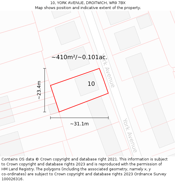 10, YORK AVENUE, DROITWICH, WR9 7BX: Plot and title map