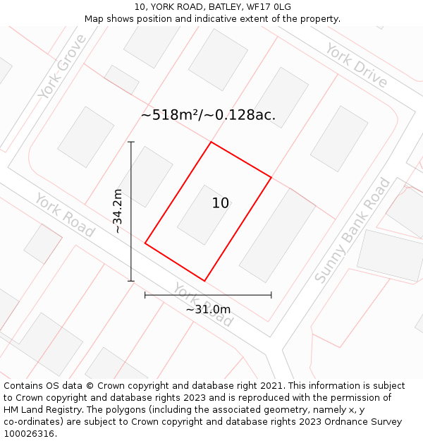 10, YORK ROAD, BATLEY, WF17 0LG: Plot and title map