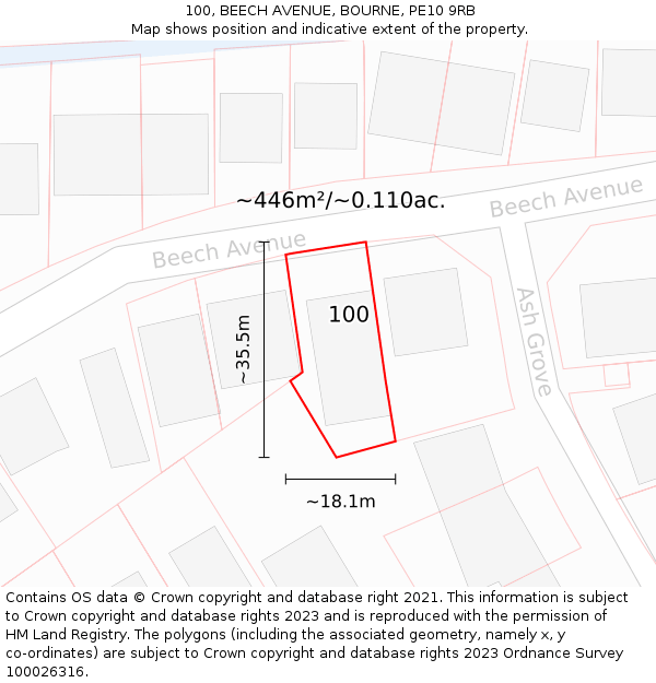 100, BEECH AVENUE, BOURNE, PE10 9RB: Plot and title map