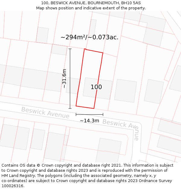 100, BESWICK AVENUE, BOURNEMOUTH, BH10 5AS: Plot and title map