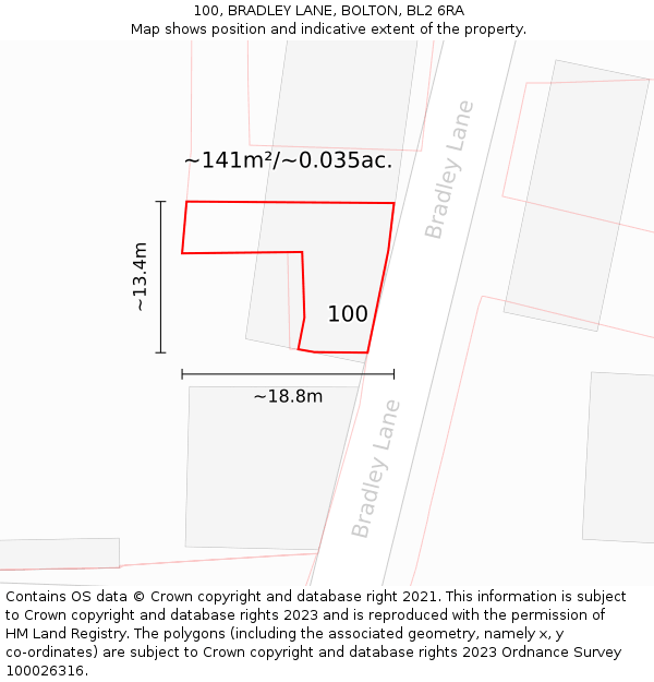 100, BRADLEY LANE, BOLTON, BL2 6RA: Plot and title map