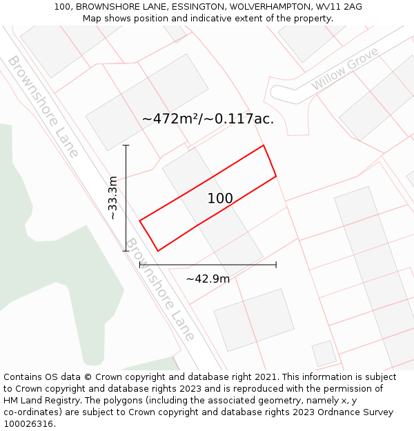 100, BROWNSHORE LANE, ESSINGTON, WOLVERHAMPTON, WV11 2AG: Plot and title map