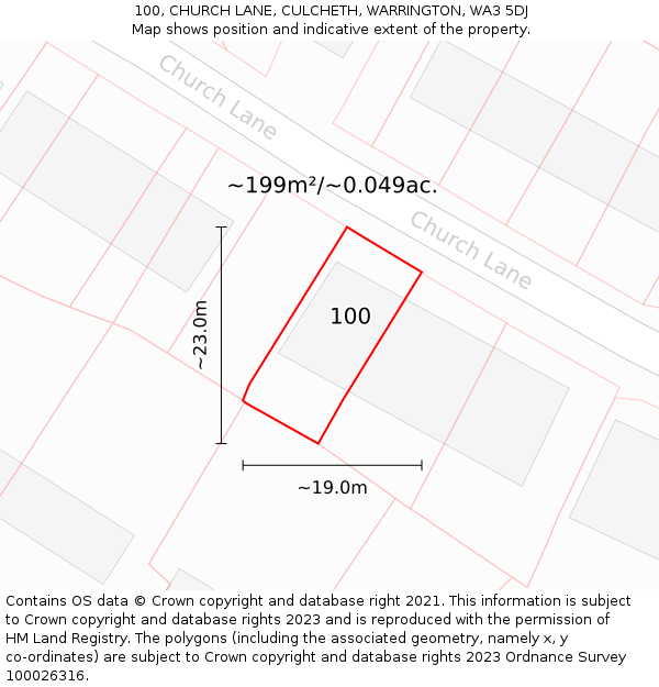 100, CHURCH LANE, CULCHETH, WARRINGTON, WA3 5DJ: Plot and title map