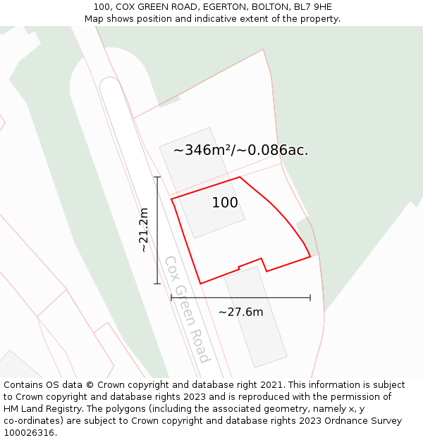 100, COX GREEN ROAD, EGERTON, BOLTON, BL7 9HE: Plot and title map