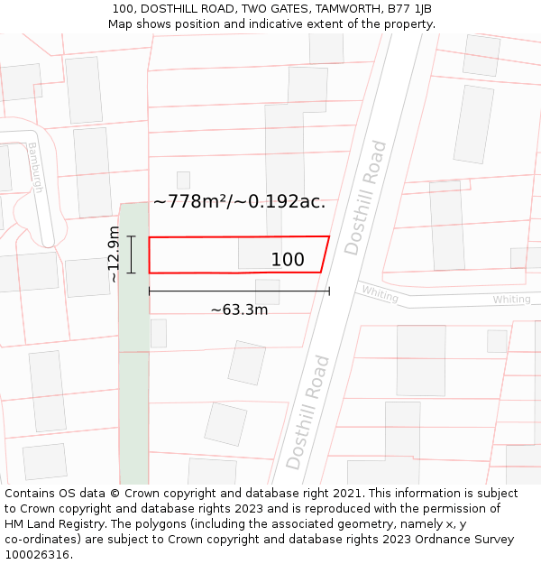 100, DOSTHILL ROAD, TWO GATES, TAMWORTH, B77 1JB: Plot and title map