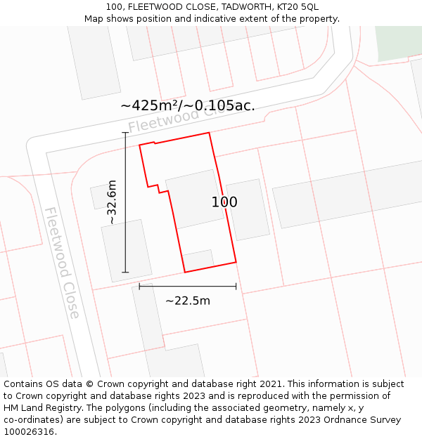 100, FLEETWOOD CLOSE, TADWORTH, KT20 5QL: Plot and title map