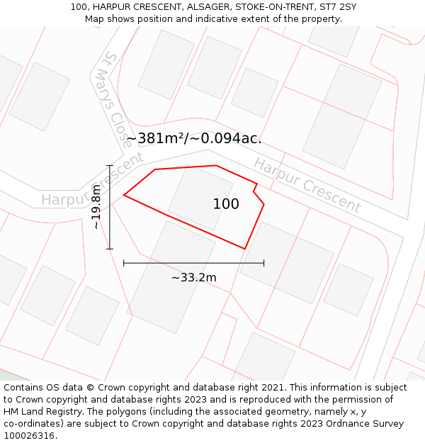 100, HARPUR CRESCENT, ALSAGER, STOKE-ON-TRENT, ST7 2SY: Plot and title map