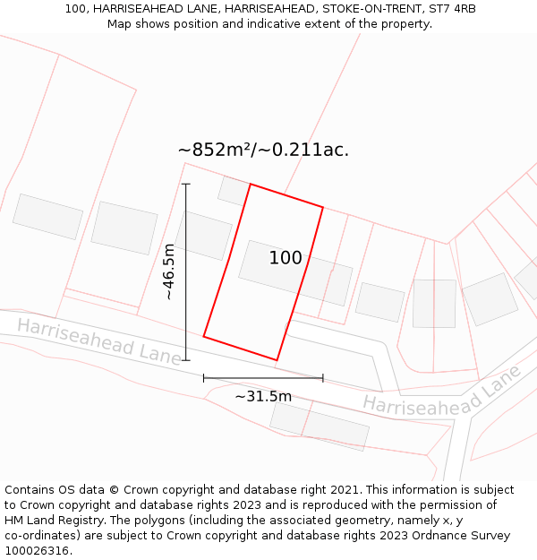 100, HARRISEAHEAD LANE, HARRISEAHEAD, STOKE-ON-TRENT, ST7 4RB: Plot and title map