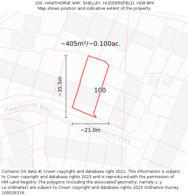 100, HAWTHORNE WAY, SHELLEY, HUDDERSFIELD, HD8 8PX: Plot and title map