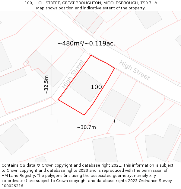 100, HIGH STREET, GREAT BROUGHTON, MIDDLESBROUGH, TS9 7HA: Plot and title map