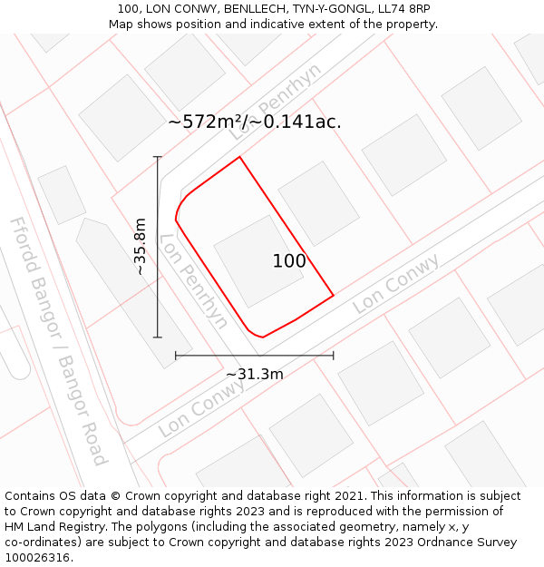 100, LON CONWY, BENLLECH, TYN-Y-GONGL, LL74 8RP: Plot and title map