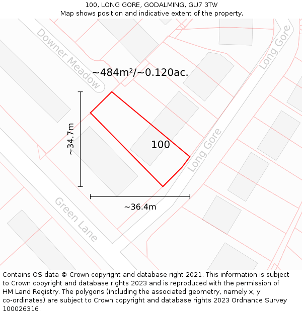 100, LONG GORE, GODALMING, GU7 3TW: Plot and title map