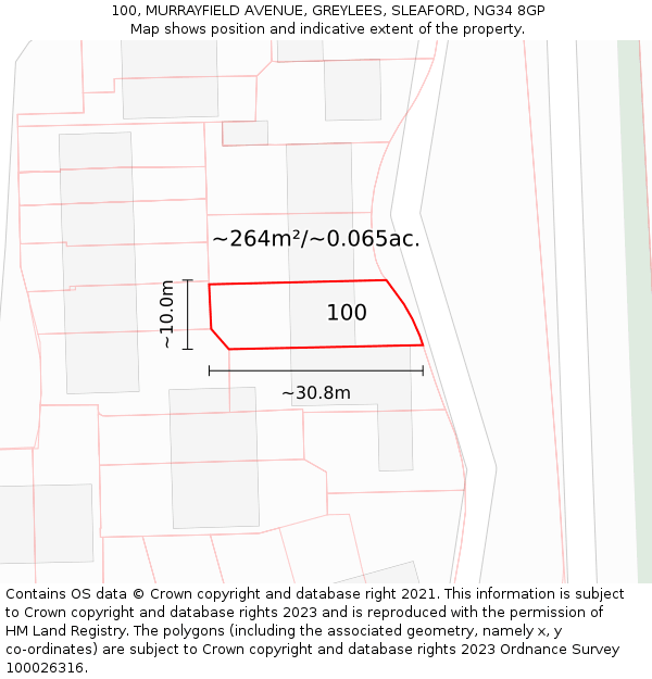 100, MURRAYFIELD AVENUE, GREYLEES, SLEAFORD, NG34 8GP: Plot and title map