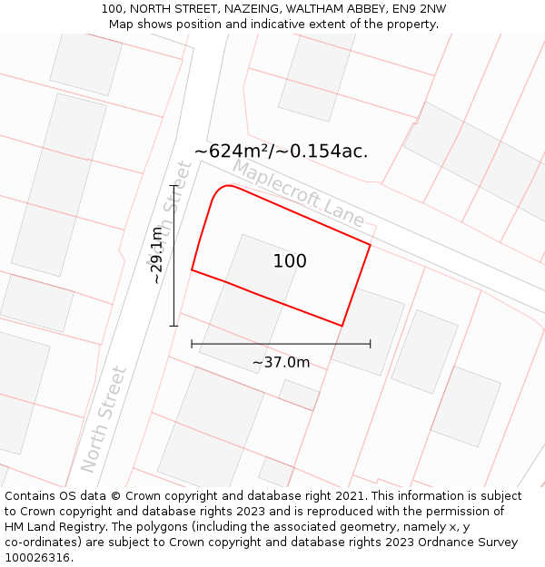 100, NORTH STREET, NAZEING, WALTHAM ABBEY, EN9 2NW: Plot and title map