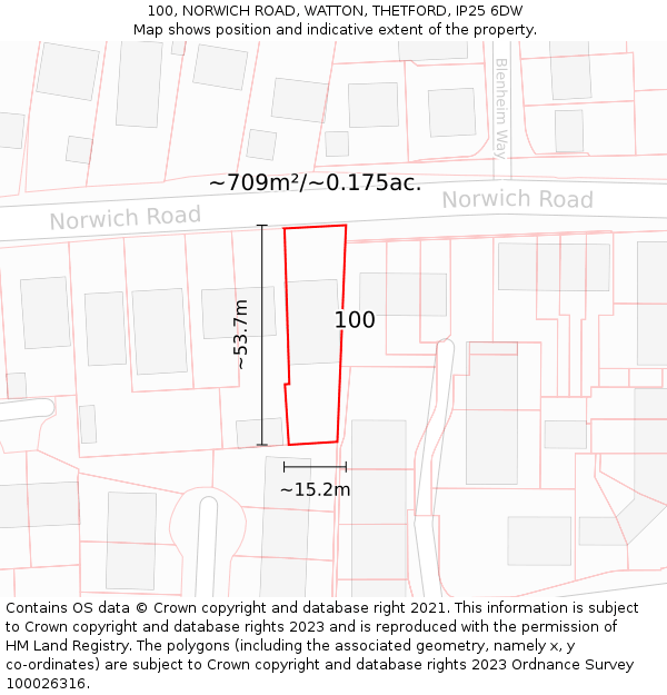 100, NORWICH ROAD, WATTON, THETFORD, IP25 6DW: Plot and title map