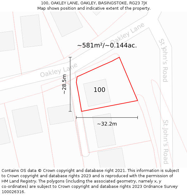 100, OAKLEY LANE, OAKLEY, BASINGSTOKE, RG23 7JX: Plot and title map