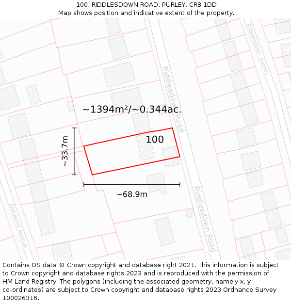 100, RIDDLESDOWN ROAD, PURLEY, CR8 1DD: Plot and title map