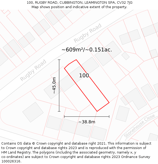 100, RUGBY ROAD, CUBBINGTON, LEAMINGTON SPA, CV32 7JG: Plot and title map