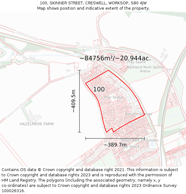 100, SKINNER STREET, CRESWELL, WORKSOP, S80 4JW: Plot and title map