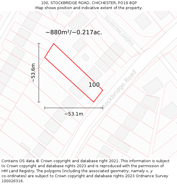 100, STOCKBRIDGE ROAD, CHICHESTER, PO19 8QP: Plot and title map