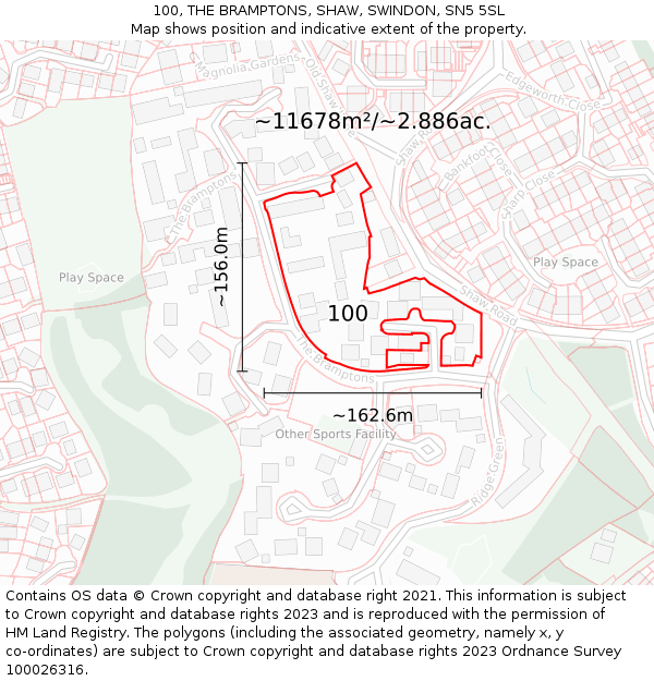 100, THE BRAMPTONS, SHAW, SWINDON, SN5 5SL: Plot and title map