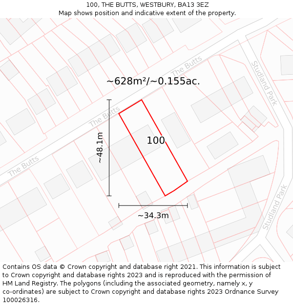 100, THE BUTTS, WESTBURY, BA13 3EZ: Plot and title map