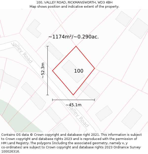 100, VALLEY ROAD, RICKMANSWORTH, WD3 4BH: Plot and title map