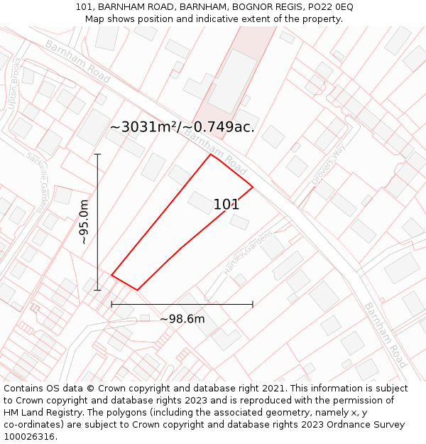 101, BARNHAM ROAD, BARNHAM, BOGNOR REGIS, PO22 0EQ: Plot and title map