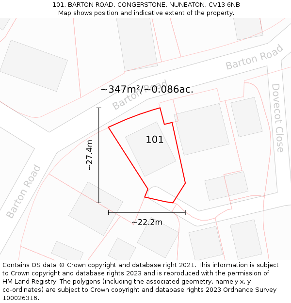 101, BARTON ROAD, CONGERSTONE, NUNEATON, CV13 6NB: Plot and title map