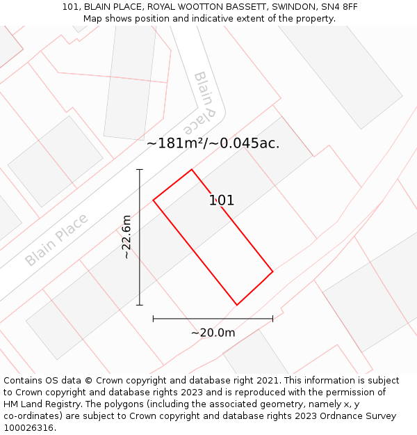 101, BLAIN PLACE, ROYAL WOOTTON BASSETT, SWINDON, SN4 8FF: Plot and title map