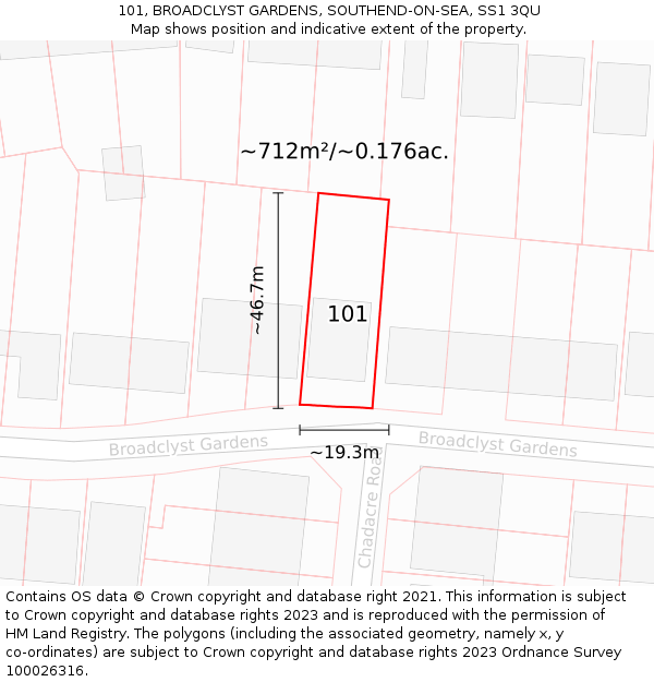 101, BROADCLYST GARDENS, SOUTHEND-ON-SEA, SS1 3QU: Plot and title map