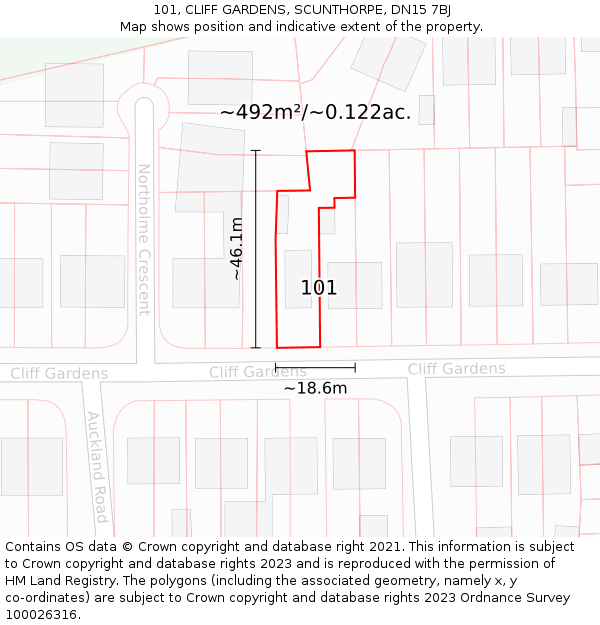 101, CLIFF GARDENS, SCUNTHORPE, DN15 7BJ: Plot and title map