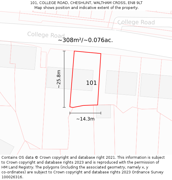 101, COLLEGE ROAD, CHESHUNT, WALTHAM CROSS, EN8 9LT: Plot and title map