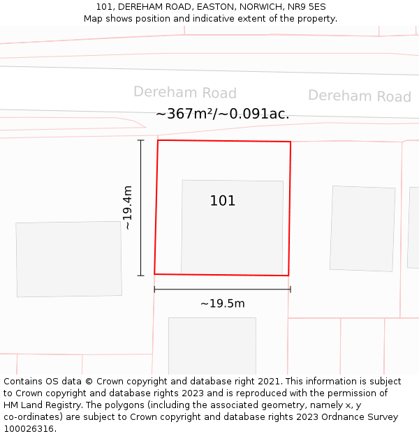 101, DEREHAM ROAD, EASTON, NORWICH, NR9 5ES: Plot and title map