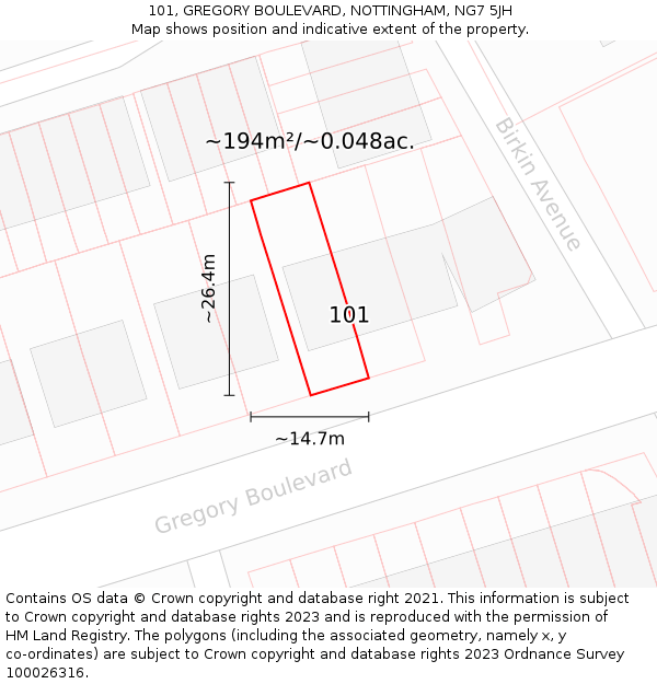 101, GREGORY BOULEVARD, NOTTINGHAM, NG7 5JH: Plot and title map