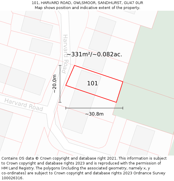 101, HARVARD ROAD, OWLSMOOR, SANDHURST, GU47 0UR: Plot and title map