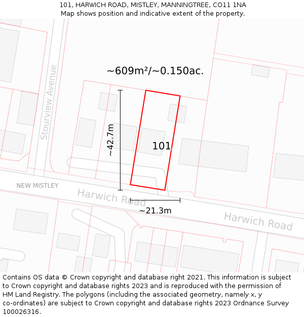 101, HARWICH ROAD, MISTLEY, MANNINGTREE, CO11 1NA: Plot and title map