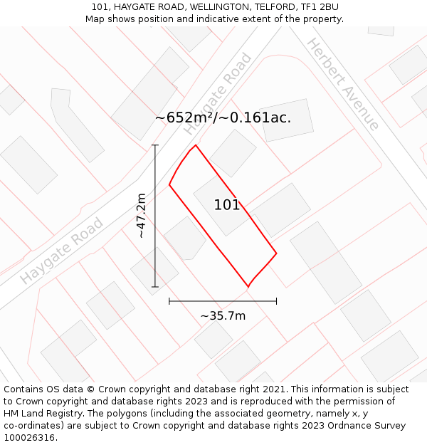 101, HAYGATE ROAD, WELLINGTON, TELFORD, TF1 2BU: Plot and title map