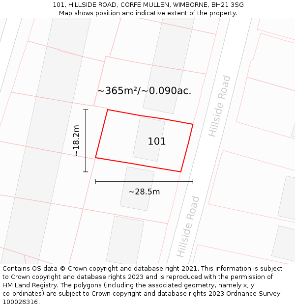 101, HILLSIDE ROAD, CORFE MULLEN, WIMBORNE, BH21 3SG: Plot and title map