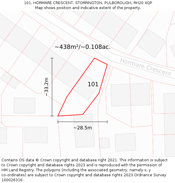 101, HORMARE CRESCENT, STORRINGTON, PULBOROUGH, RH20 4QP: Plot and title map