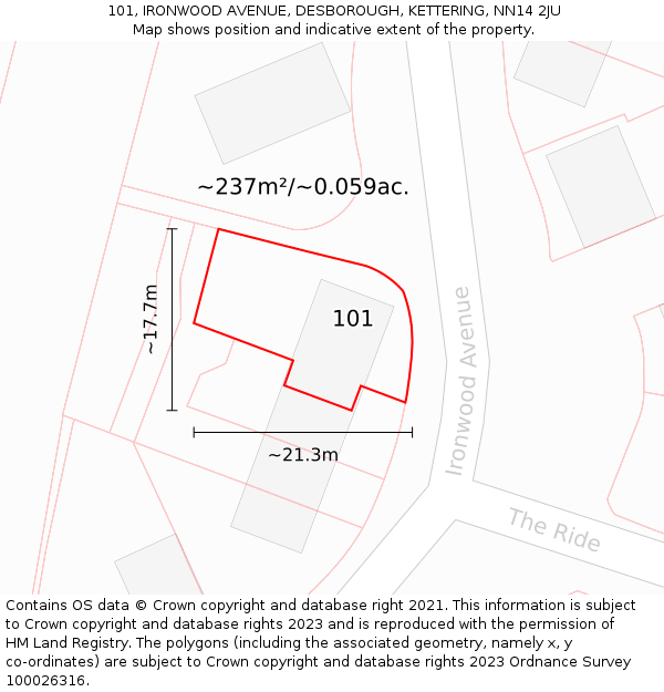 101, IRONWOOD AVENUE, DESBOROUGH, KETTERING, NN14 2JU: Plot and title map